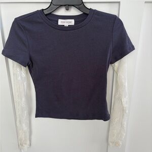 Pink Rose Youth Dark Blue Top with Cream Lace Sleeves